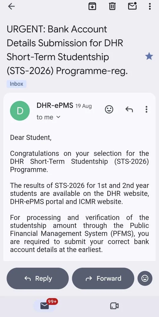 DHR-ePMS communication confirming STS-2026 selection, shown as evidence of a student outcome