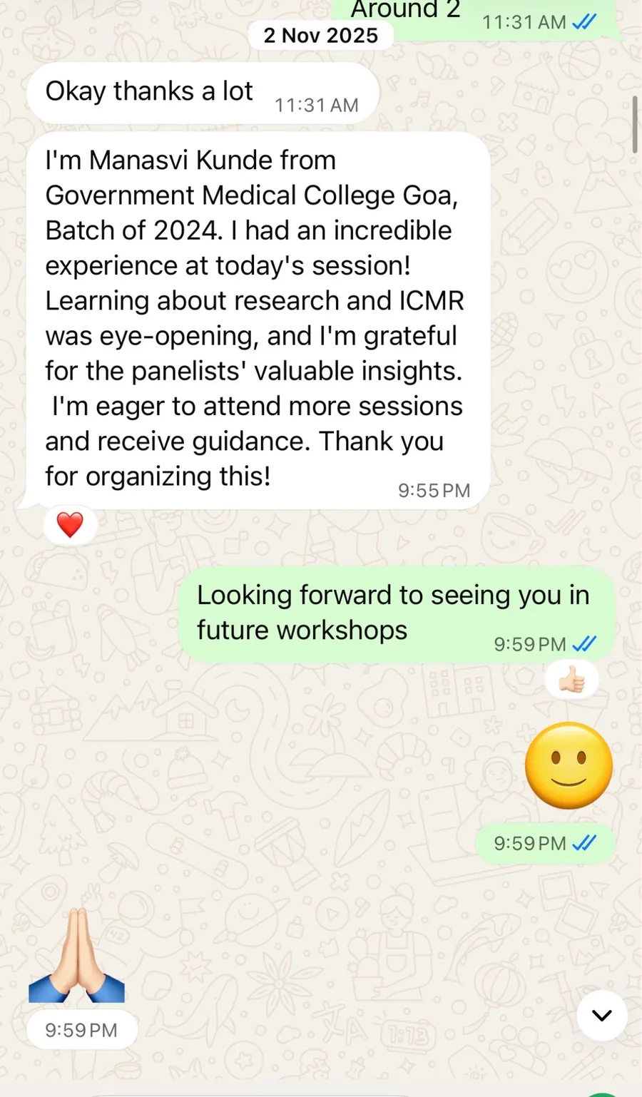 WhatsApp testimonial from Manasvi Kunde describing her Research and ICMR workshop experience