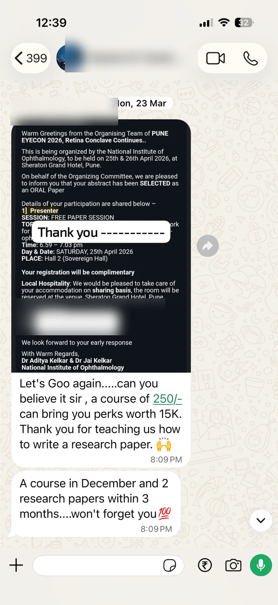 Blurred WhatsApp student feedback praising the research paper workshop