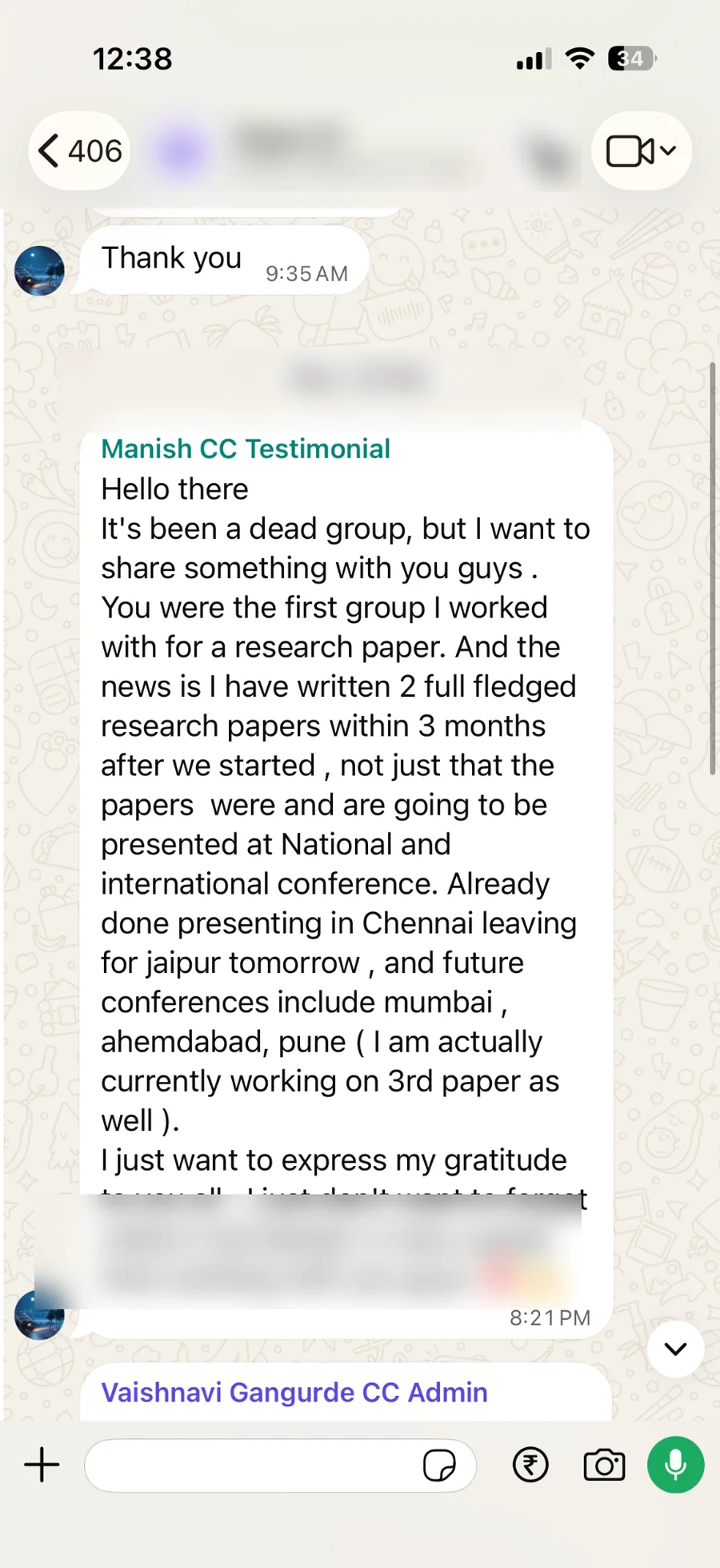 Blurred WhatsApp testimonial about research papers and conference presentations after the manuscript workshop